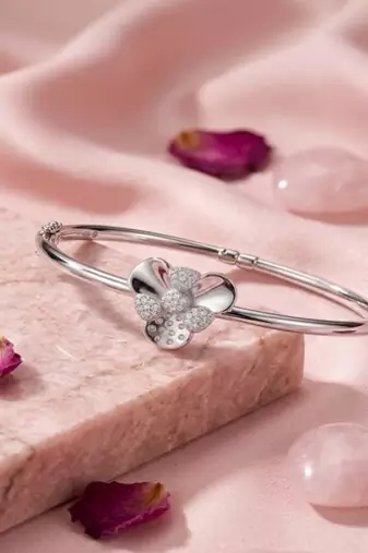 925 Sterling Silver Floral Bangle Bracelet for Women | Cubic Zirconia Flower Bracelet Jewelry