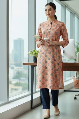 Peach printed cotton kurti