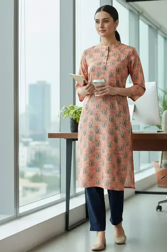 Peach printed cotton kurti