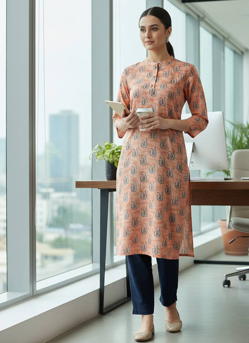 Peach printed cotton kurti