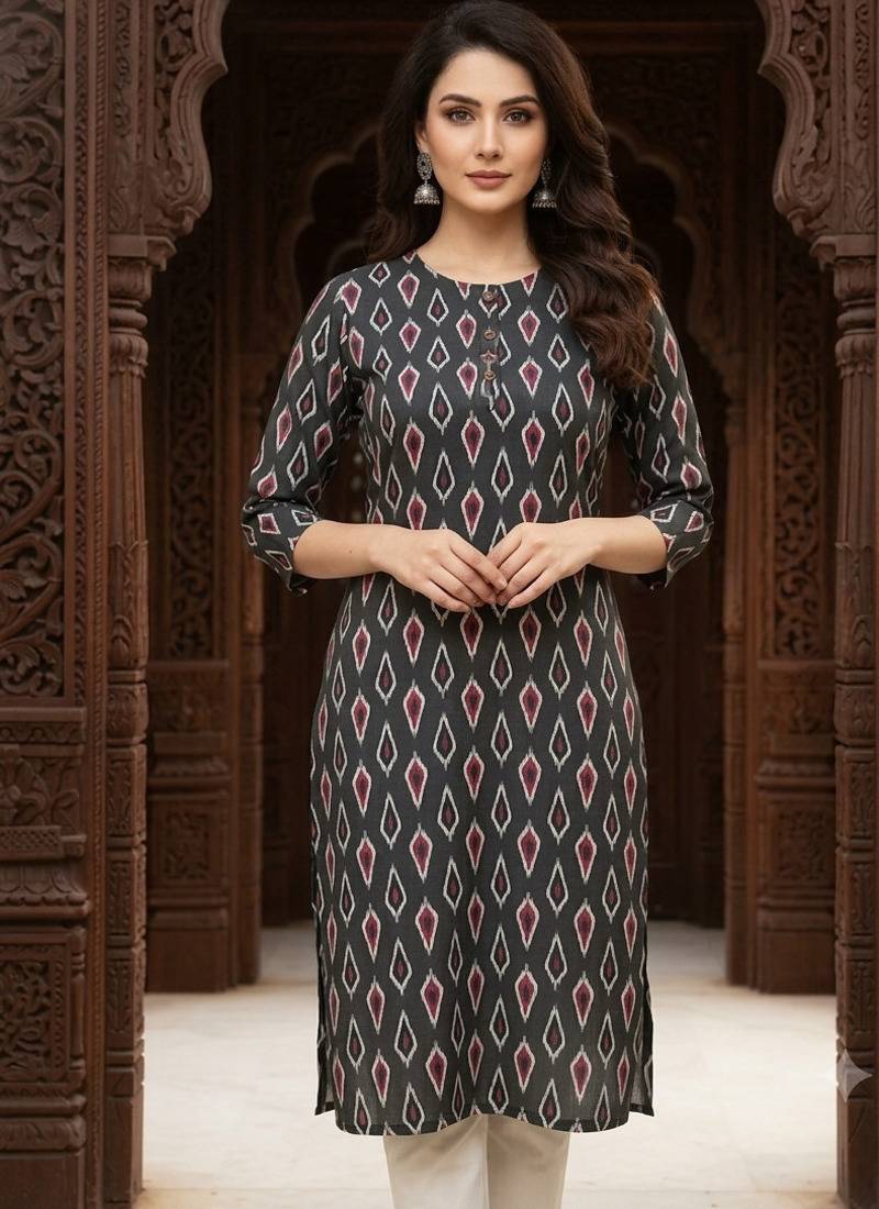 Dark grey printed cotton kurti