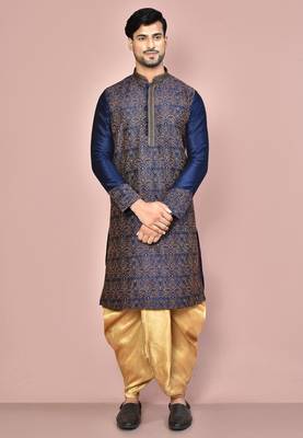 Navy blue dupion art silk kurta with computerised embroidery machine work churidar 1