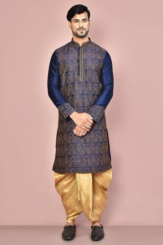 Navy blue dupion art silk kurta with computerised embroidery machine work churidar