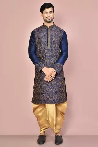 Navy blue dupion art silk kurta with computerised embroidery machine work churidar