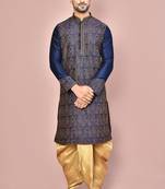 Navy blue dupion art silk kurta with computerised embroidery machine work churidar