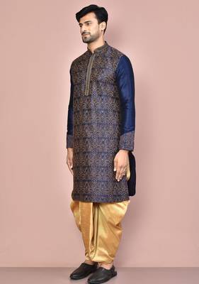 Navy blue dupion art silk kurta with computerised embroidery machine work churidar 2