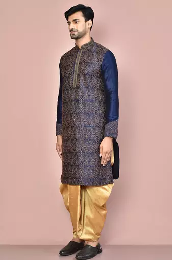 Navy blue dupion art silk kurta with computerised embroidery machine work churidar