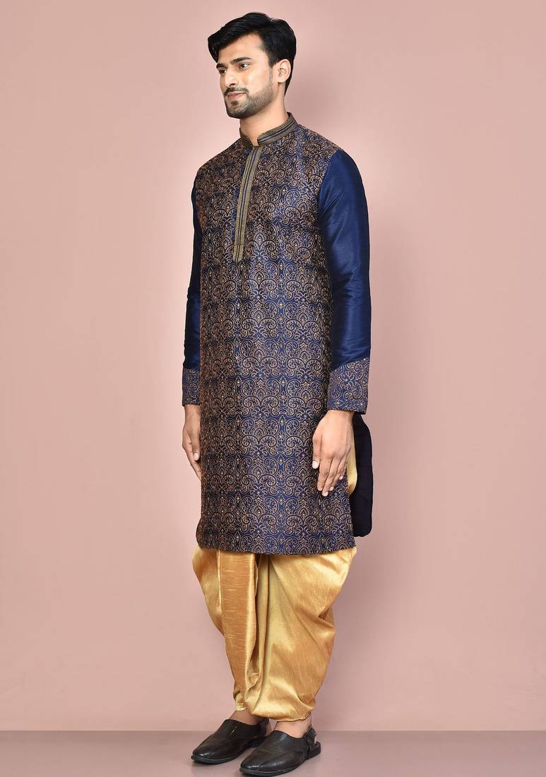 Navy blue dupion art silk kurta with computerised embroidery machine work churidar