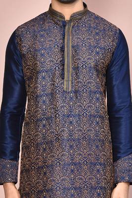 Navy blue dupion art silk kurta with computerised embroidery machine work churidar 3