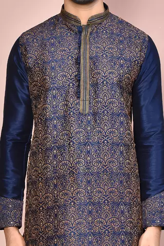 Navy blue dupion art silk kurta with computerised embroidery machine work churidar