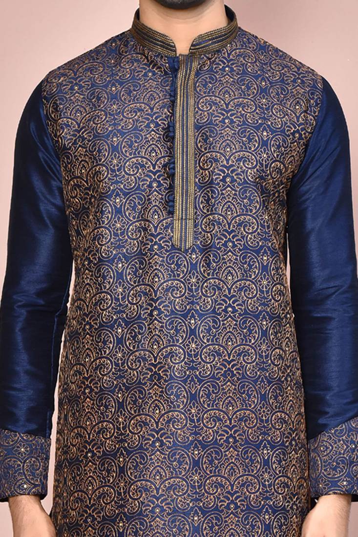 Navy blue dupion art silk kurta with computerised embroidery machine work churidar
