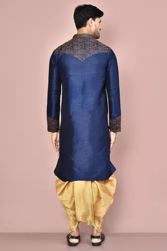 Navy blue dupion art silk kurta with computerised embroidery machine work churidar
