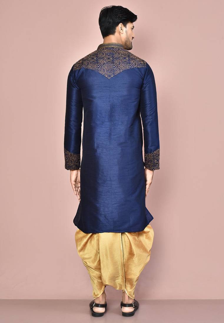 Navy blue dupion art silk kurta with computerised embroidery machine work churidar