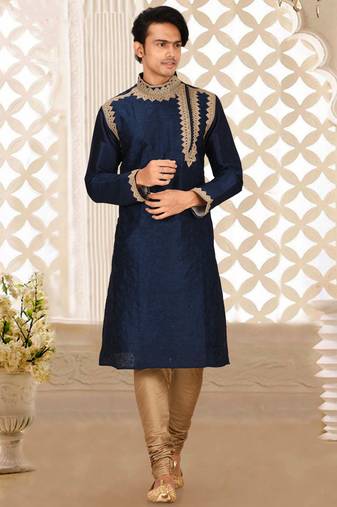 Navy blue dupion art silk kurta with computerised embroidery machine work churidar