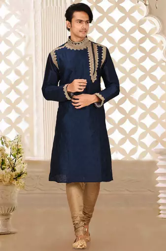 Navy blue dupion art silk kurta with computerised embroidery machine work churidar