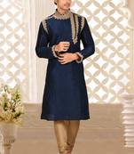 Navy blue dupion art silk kurta with computerised embroidery machine work churidar