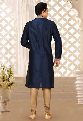 Navy blue dupion art silk kurta with computerised embroidery machine work churidar 2