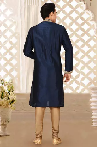 Navy blue dupion art silk kurta with computerised embroidery machine work churidar