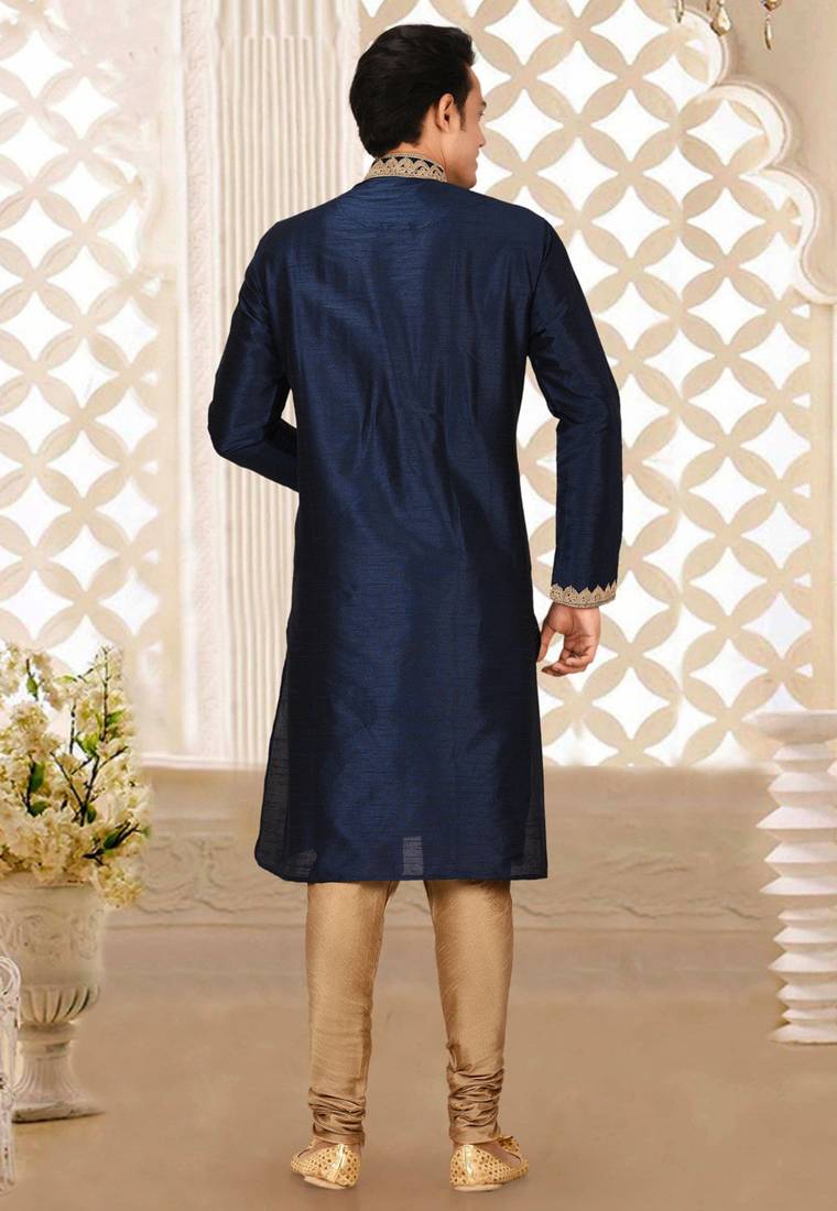 Navy blue dupion art silk kurta with computerised embroidery machine work churidar