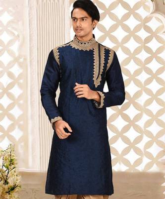 Navy blue dupion art silk kurta with computerised embroidery machine work churidar 3