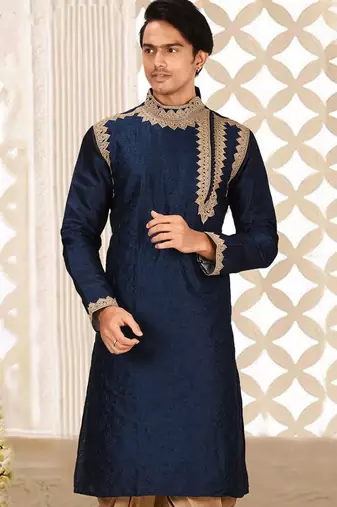 Navy blue dupion art silk kurta with computerised embroidery machine work churidar