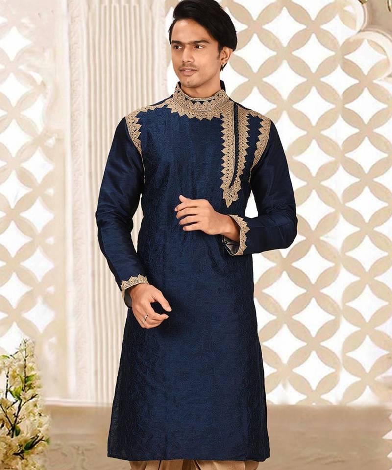 Navy blue dupion art silk kurta with computerised embroidery machine work churidar