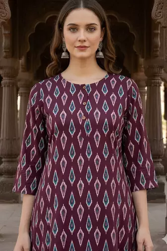 Saka Designs Dark Burgundy Printed Cotton Kurti