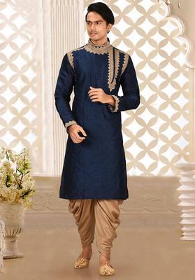 Navy blue dupion art silk kurta with computerised embroidery machine work churidar 1