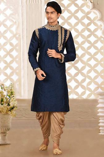 Navy blue dupion art silk kurta with computerised embroidery machine work churidar