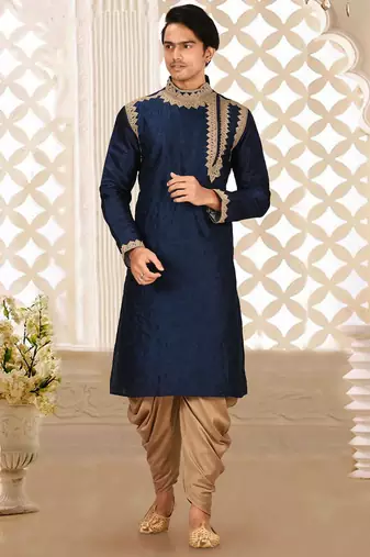 Navy blue dupion art silk kurta with computerised embroidery machine work churidar
