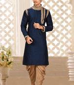 Navy blue dupion art silk kurta with computerised embroidery machine work churidar