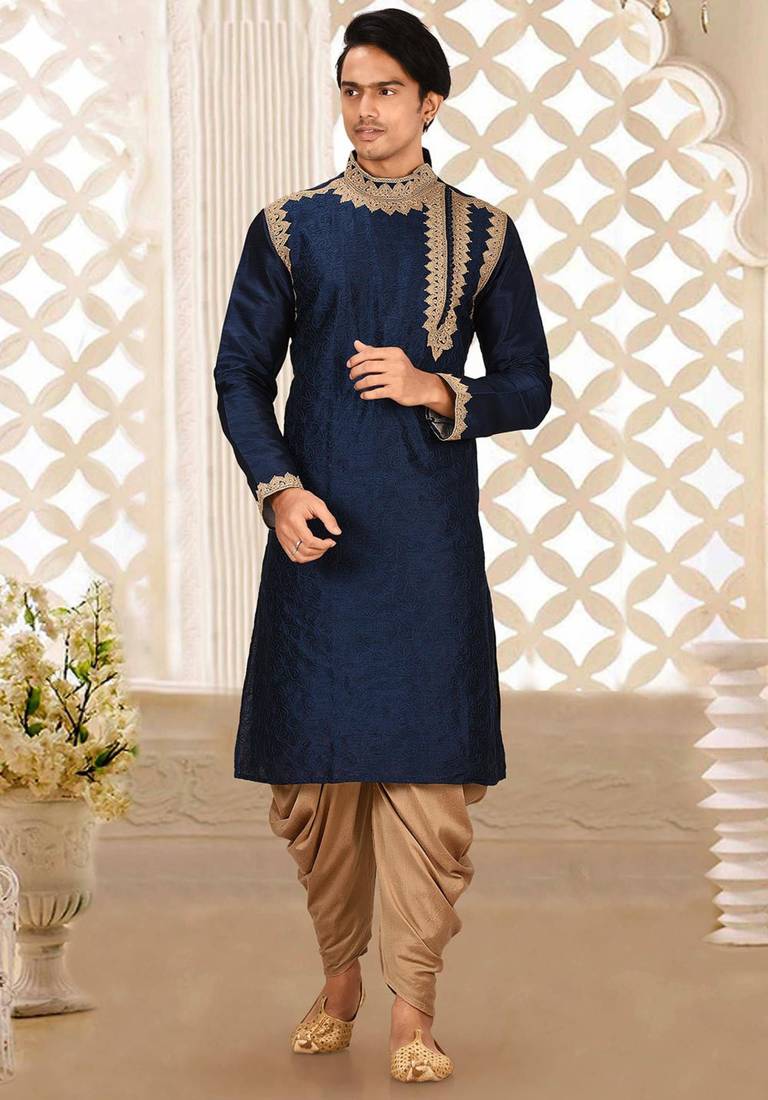 Navy blue dupion art silk kurta with computerised embroidery machine work churidar