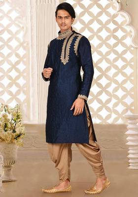 Navy blue dupion art silk kurta with computerised embroidery machine work churidar 2