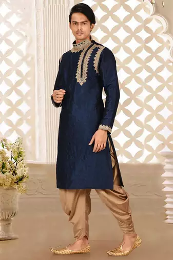 Navy blue dupion art silk kurta with computerised embroidery machine work churidar