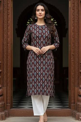 Dark brown printed cotton kurti