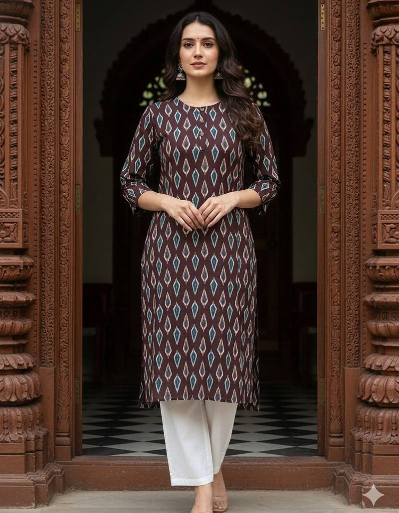 Dark brown printed cotton kurti