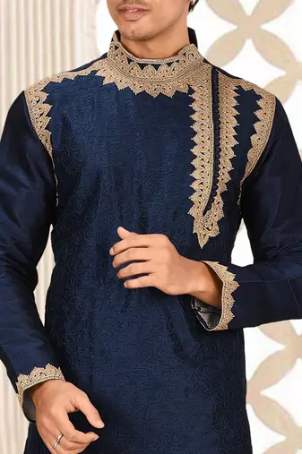 Navy blue dupion art silk kurta with computerised embroidery machine work churidar