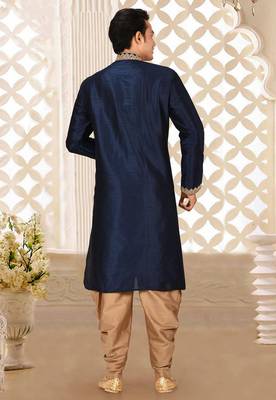 Navy blue dupion art silk kurta with computerised embroidery machine work churidar 4