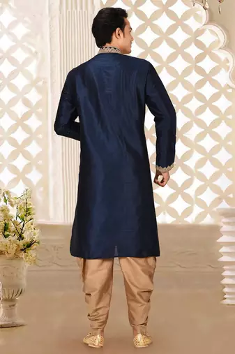 Navy blue dupion art silk kurta with computerised embroidery machine work churidar