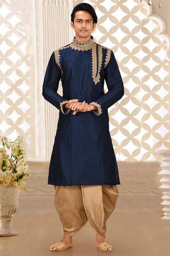 Navy blue dupion art silk kurta with computerised embroidery machine work churidar