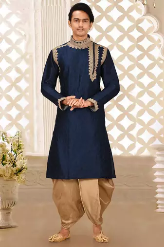 Navy blue dupion art silk kurta with computerised embroidery machine work churidar