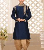 Navy blue dupion art silk kurta with computerised embroidery machine work churidar