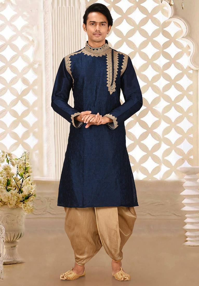 Navy blue dupion art silk kurta with computerised embroidery machine work churidar