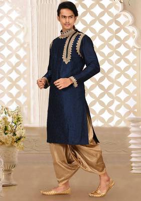Navy blue dupion art silk kurta with computerised embroidery machine work churidar 2