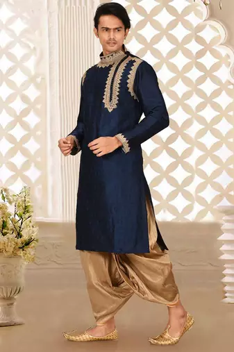 Navy blue dupion art silk kurta with computerised embroidery machine work churidar