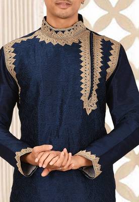 Navy blue dupion art silk kurta with computerised embroidery machine work churidar 3