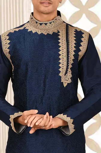 Navy blue dupion art silk kurta with computerised embroidery machine work churidar
