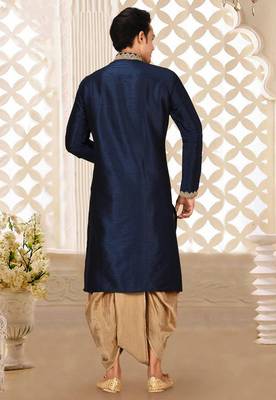 Navy blue dupion art silk kurta with computerised embroidery machine work churidar 4