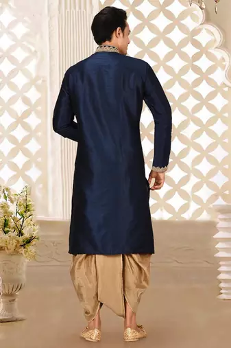 Navy blue dupion art silk kurta with computerised embroidery machine work churidar