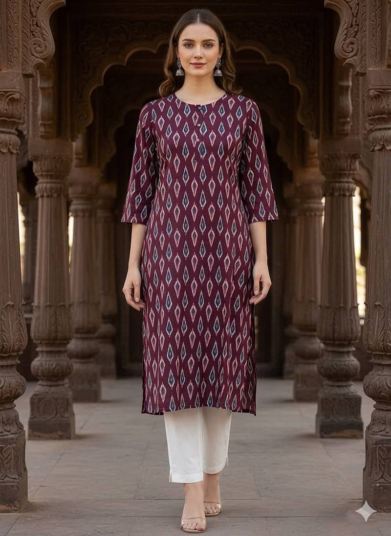 Dark burgundy printed cotton kurti
